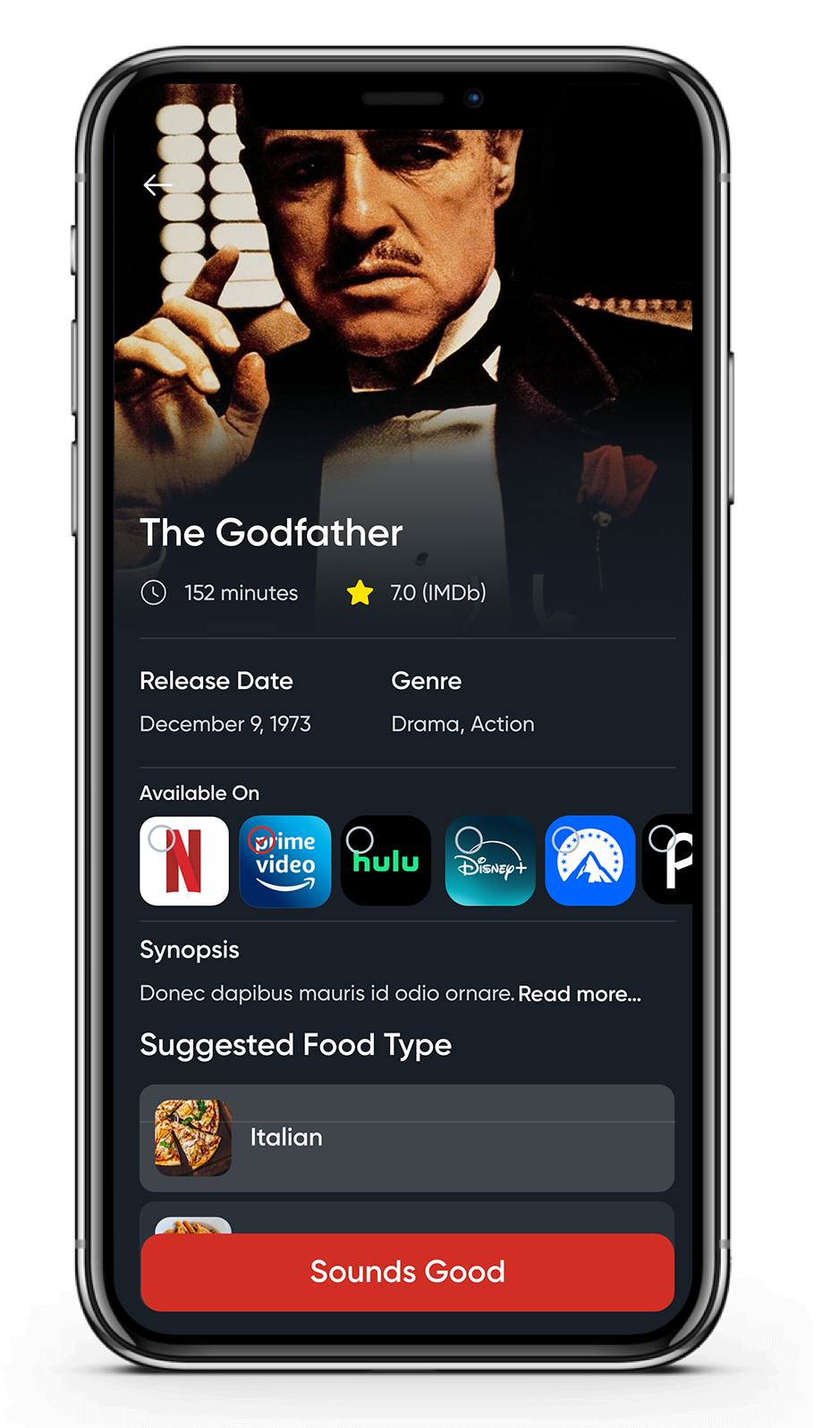 FoodFlix Godfather pairing screen