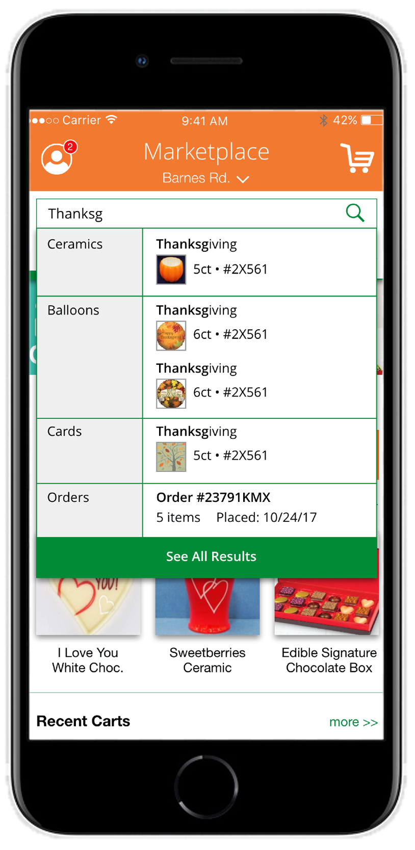 Marketplace app home screen with search open