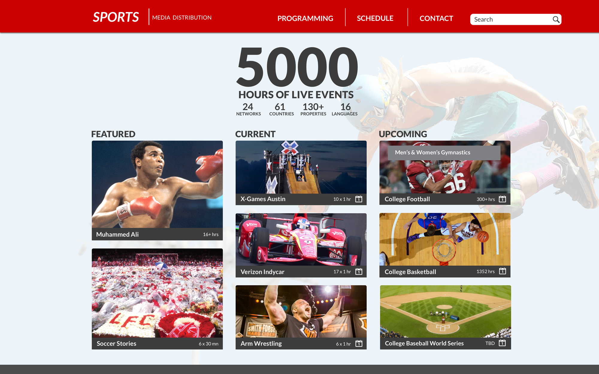 Sports media distribution website homepage