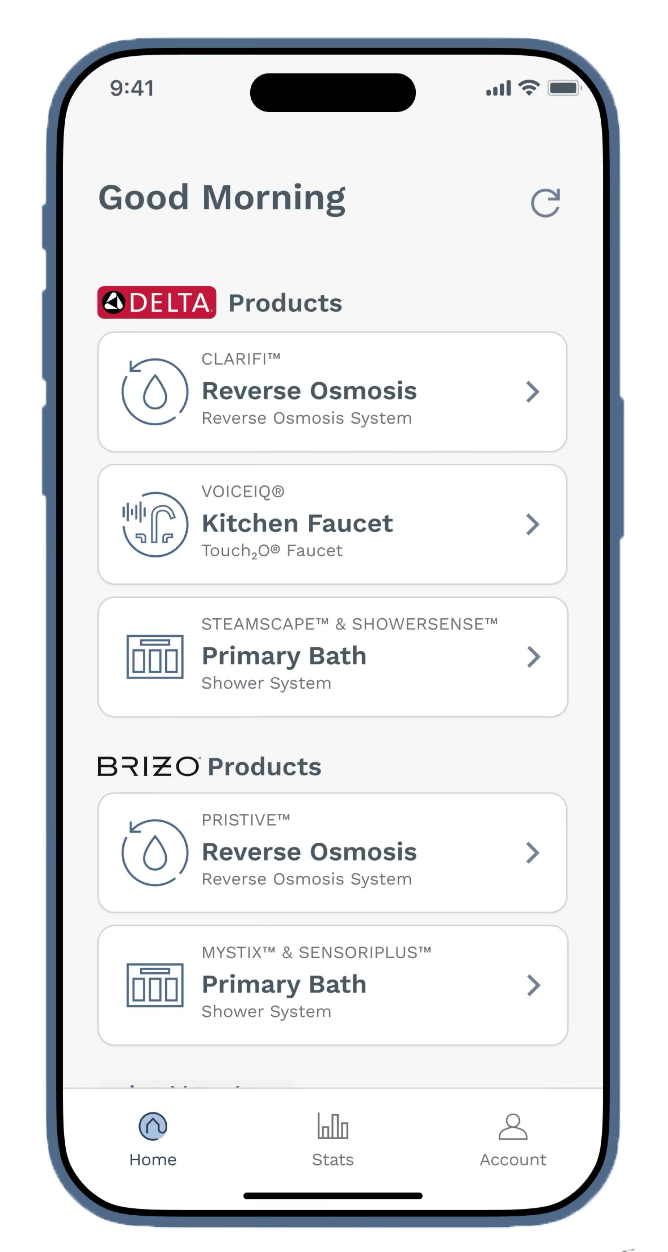 DFC@Home app latest homescreen with shower controls