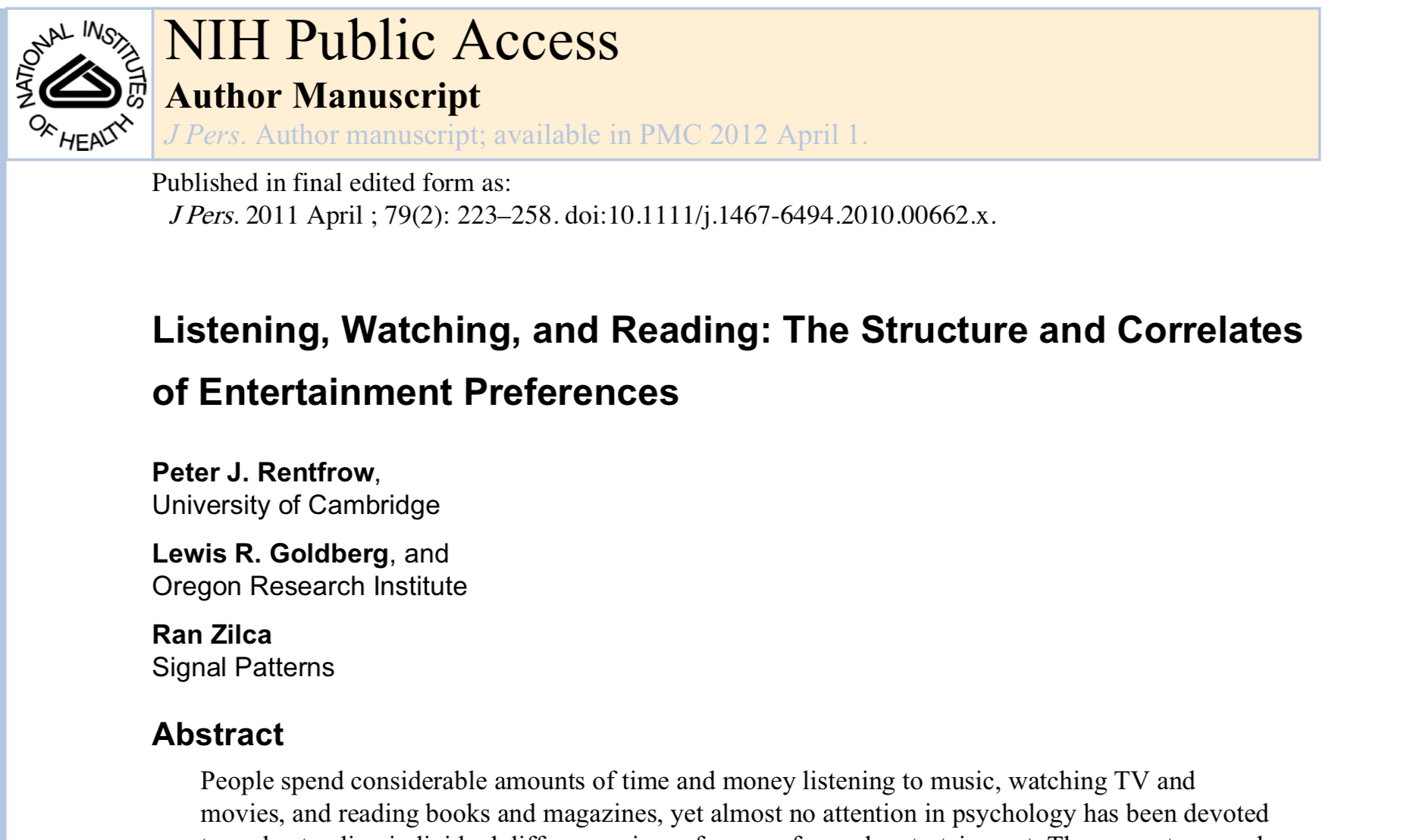 Top of manuscript linking personality to genres of media