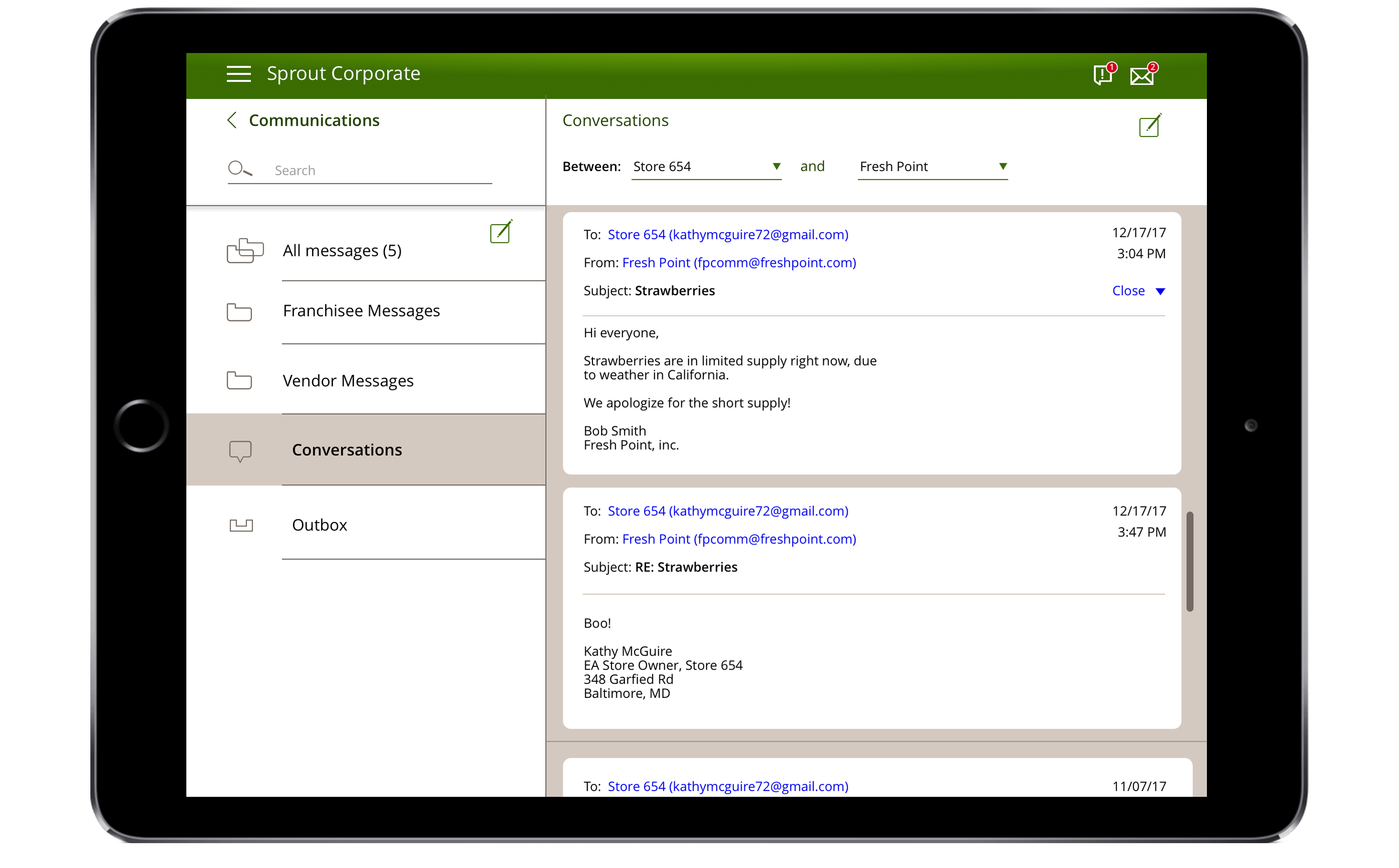 Send and monitor alerts and messages between vendors and stores. Resolve possible conflicts