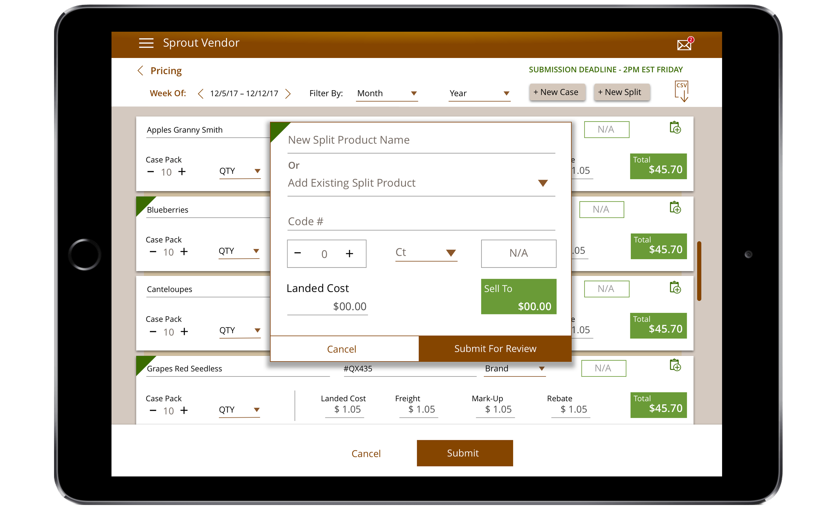 Sprout vendor pricing management screen