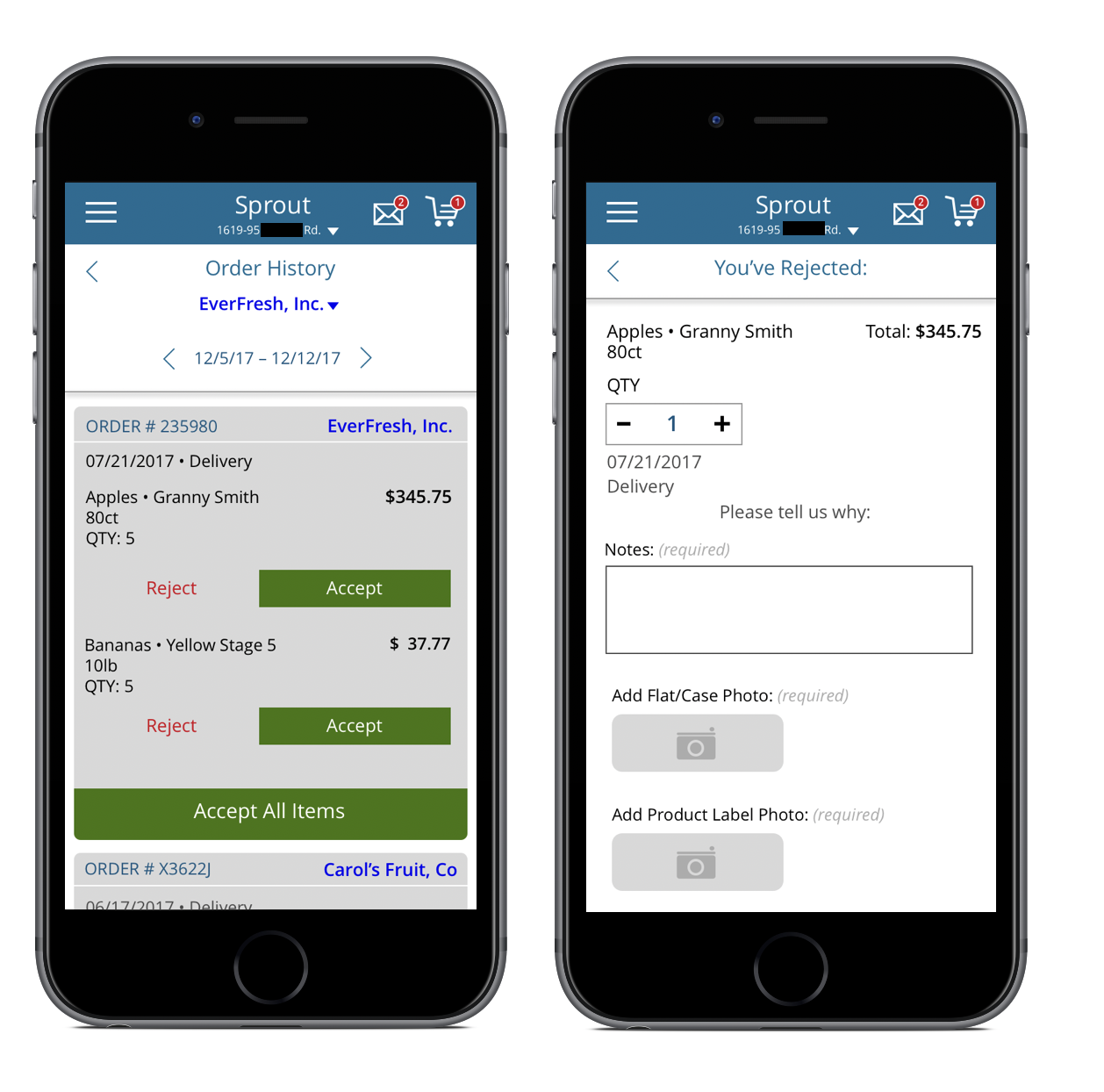 An order rejection flow was added to the store owner experience, allowing them to reject deliveries and attach photos to back up claims of produce conditions