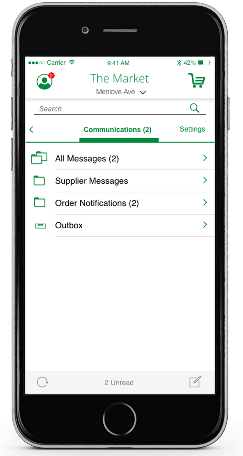 Communications now easily accessible under the top left 'profile' icon, with new message indicator in red.